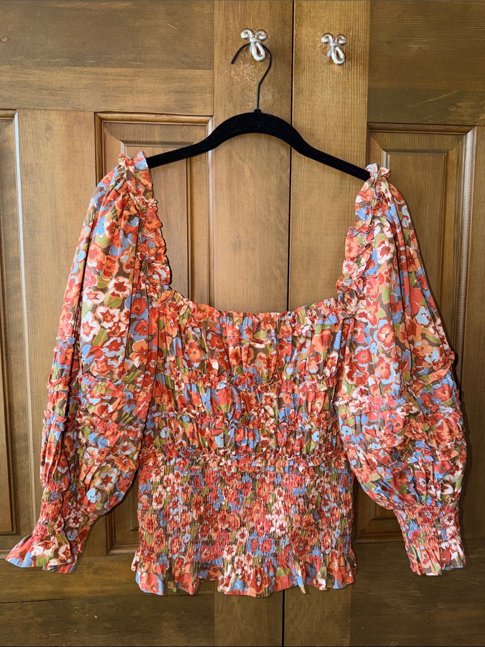 House of Harlow 1960 Coral Floral Off-Shoulder Smocked Top